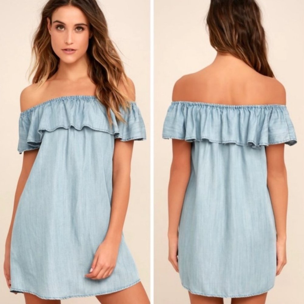 Lulu's Light Blue Chambray Off-the-Shoulder Mini Dress